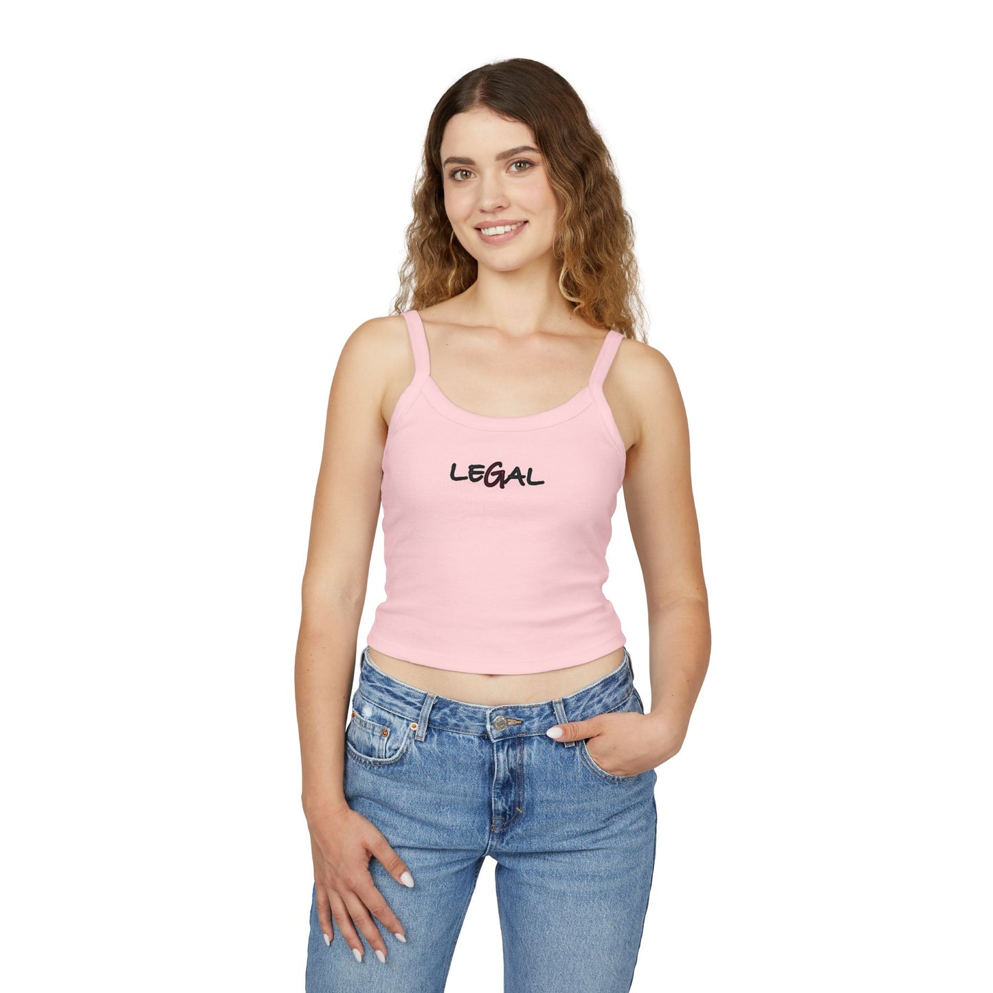 Legal White Ink Spaghetti Strap Tank Top - Women's Fashion Apparel, Summer Cami, Elegant Sleeveless Blouse, Casual Beachwear, Trendy Graphic